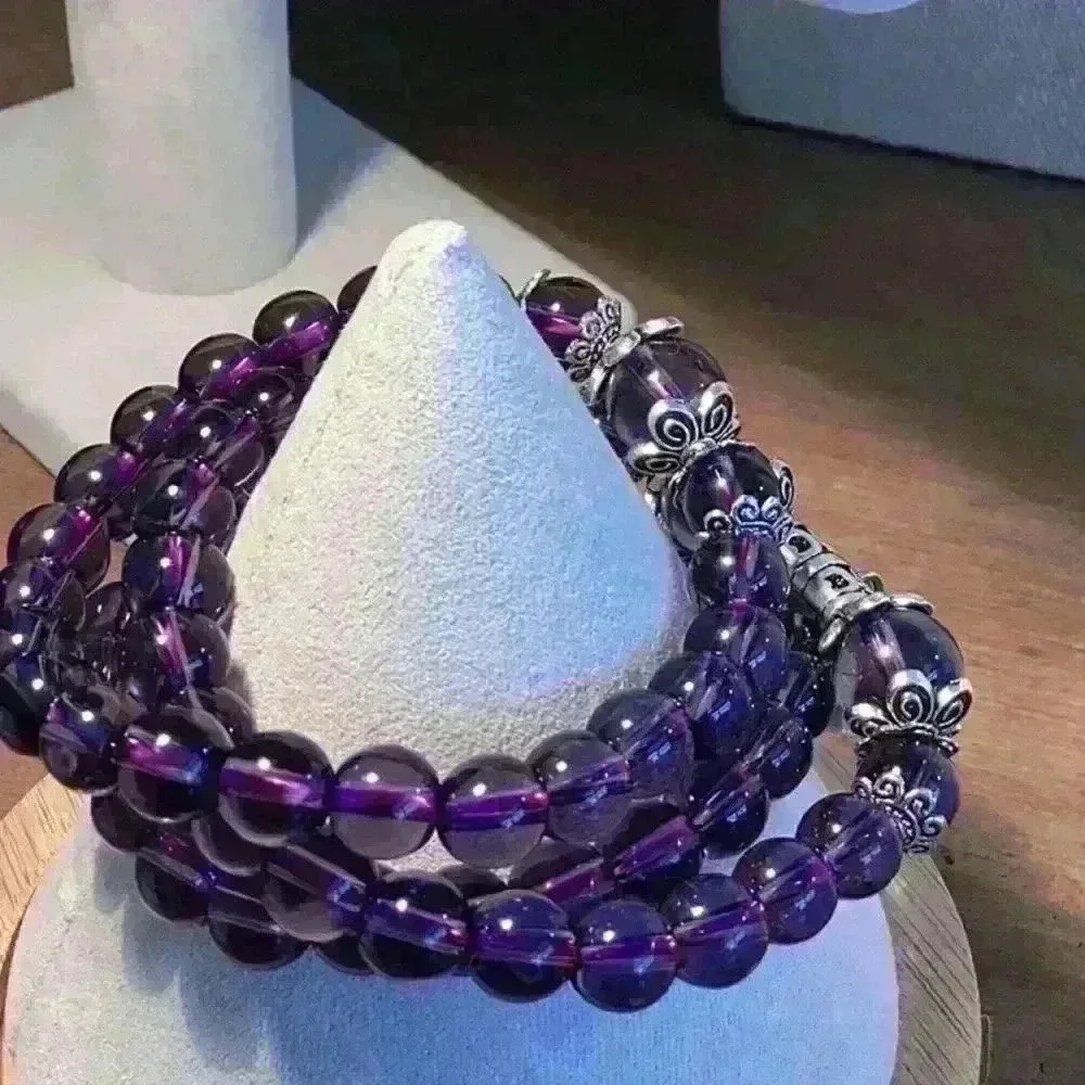 Vintage Glass Bead Bracelets Silver Tone Purple